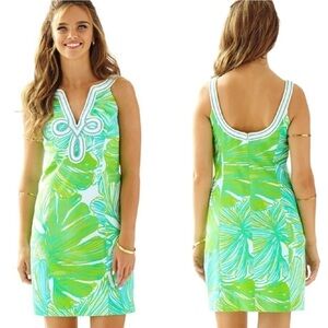 Lilly Pulitzer Nira Shift Dress Green Blue Palm Leaf Beaded Neckline Size 4